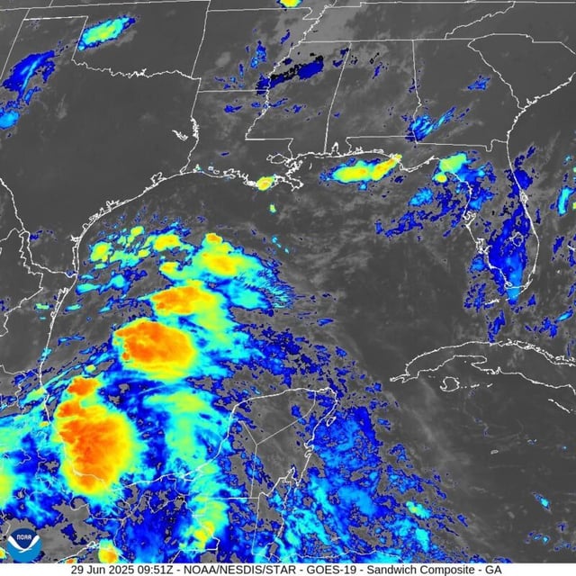 Tropical Depression Two is expected to strengthen to Tropical Storm Barry on Sunday, before making landfall on the Gulf Coast of Mexico Sunday evening. Image via GOES-19 satellite.