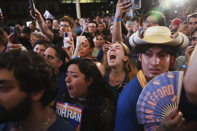 Supporters of Democratic mayoral candidate Zohran Mamdani cheer while he speaks at his primary election party, Wednesday, June 25, 2025, in New York. (AP Photo/Heather Khalifa)