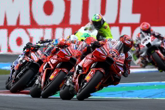 MotoGP - Grand Prix of Netherlands -TT Circuit Assen, Assen, Netherlands - June 29, 2025 Ducati Lenovo Team's Francesco Bagnaia and Marc Marquez in action during the race REUTERS/Yves Herman