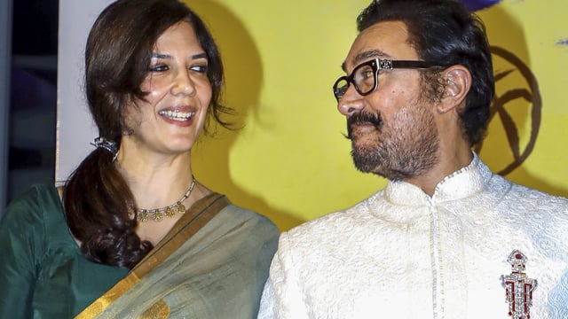 Bollywood actor Aamir Khan with girlfriend Gauri Spratt during the screening of his film Sitaare Zameen Par.