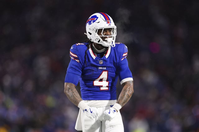 James Cook #4 of the Buffalo Bills reacts after a first down during the fourth quarter in the AFC Divisional Playoff against the Baltimore Ravens at Highmark Stadium on January 19, 2025 in Orchard Park, New York.