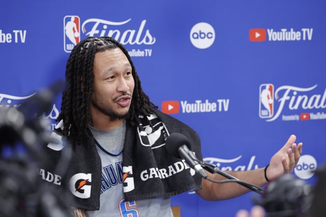 Jun 4, 2025; Oklahoma City, OK, USA; Oklahoma City Thunder forward Jaylin Williams (6) during NBA Finals Media Day at Paycom Center. Mandatory Credit: Alonzo Adams-Imagn Images/File Photo