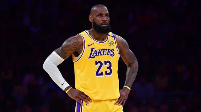 Los Angeles Lakers forward LeBron James (23) reacts during the first half in Game 5 of first round for the NBA playoffs at Crypto.com Arena on April 30, 2025. 
