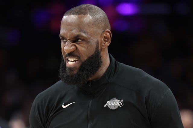 LeBron James #23 of the Los Angeles Lakers reacts during warm up prior to the game against the Minnesota Timberwolves in Game One of the Western Conference First Round NBA Playoffs at Crypto.com Arena on April 19, 2025 in Los Angeles, California.