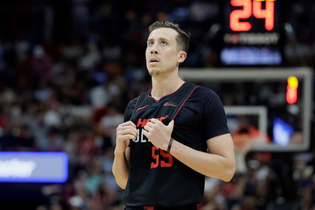 Miami Heat forward Duncan Robinson looks on during his game against the Denver Nuggets at Kaseya Center on Wednesday, March 13, 2024 in Miami. (John McCall/South Florida Sun Sentinel)