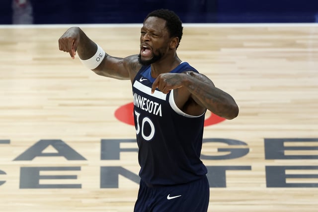 Julius Randle #30 of the Minnesota Timberwolves reacts against the Oklahoma City Thunder during the third quarter in Game Three of the Western Conference Finals of the 2025 NBA Playoffs at Target Center on May 24, 2025 in Minneapolis, Minnesota.