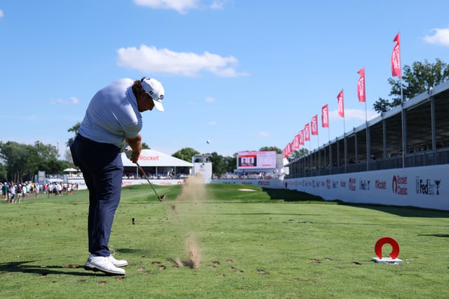 Aldrich Potgieter of South Africa plays his shot from the 15th tee during the third round of the Rocket Classic 2025 at Detroit Golf Club on June 28, 2025 in Detroit, Michigan.