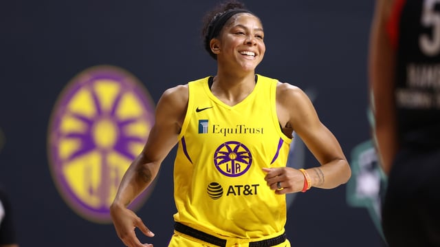 PALMETTO, FL – SEPTEMBER 12: Candace Parker #3 of the Los Angeles Sparks smiles during the game against the Las Vegas Aces on September 12, 2020 at Feld Entertainment Center in Palmetto, Florida. NOTE TO USER: User expressly acknowledges and agrees that, by downloading and/or using this Photograph, user is consenting to the terms and conditions of the Getty Images License Agreement. Mandatory Copyright Notice: Copyright 2020 NBAE (Photo by Ned Dishman/NBAE via Getty Images)