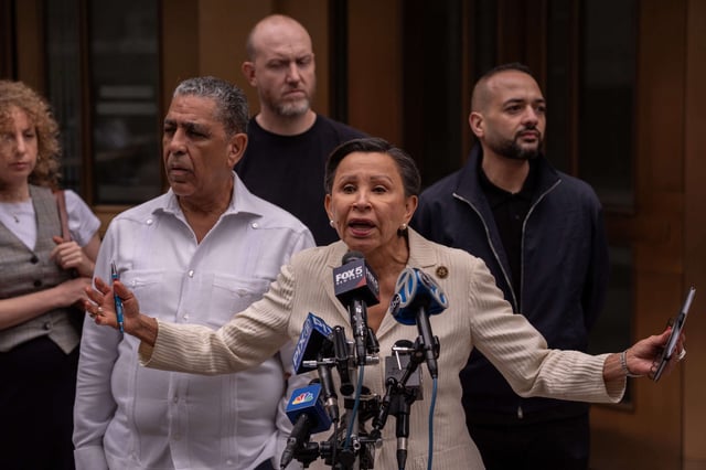 Representatives Adriano Espaillat and Nydia Velazquez speak to the media opposite the Jacob K. Javitz Federal Building where they unsuccessfully attempted to gain access to Immigration and Customs Enforcement holding facilities on June 8, 2025, in New York City.