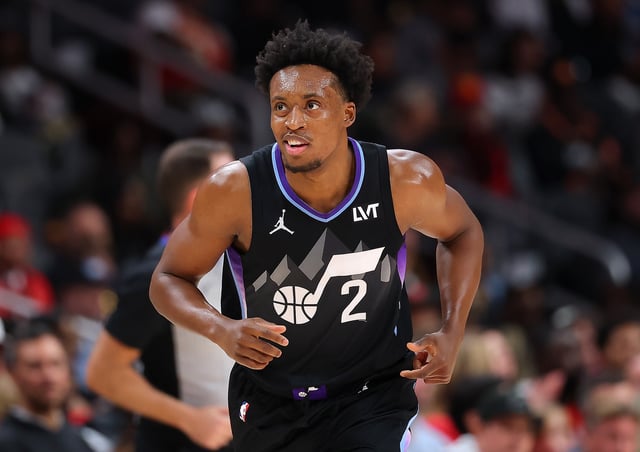 Collin Sexton #2 of the Utah Jazz reacts after a three-point basket against the Atlanta Hawks during the second quarter at State Farm Arena on April 06, 2025 in Atlanta, Georgia.