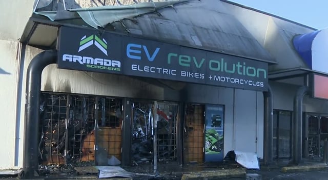 The aftermath of a fire that destroyed an e-bike shop in Surrey on Saturday night. 