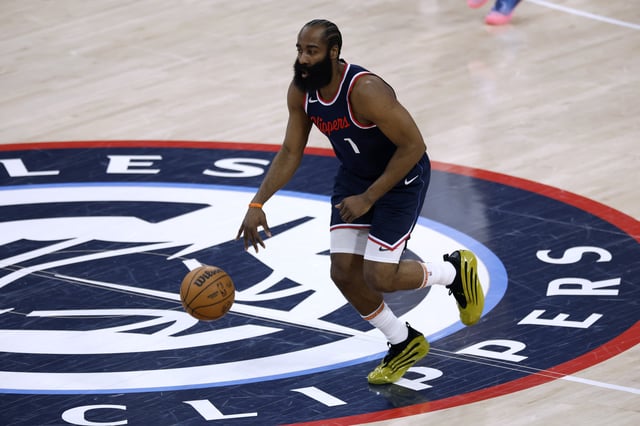 James Harden #1 of the LA Clippers dribbles against the Denver Nuggets in Game Six of the Western Conference First Round NBA Playoffs at Intuit Dome on May 01, 2025 in Inglewood, California.