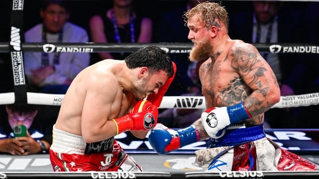 Jake Paul (Red-Blue & white short) and Julio Cesar Chavez Jr. (Red & White short) exchange punches during their cruiserweight bout of the Premiere Boxing Championship on Saturday night at Honda Center in Anaheim of Los Angeles County, California United States on June 28, 2025 (Tayfun Coskun/Anadolu via Getty Images)
