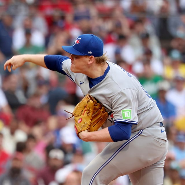Toronto Blue Jays pitcher Paxton Schultz throws during the sixth inning of a baseball game against the Boston Red Sox, Saturday, June 28, 2025, in Boston. (AP Photo/Mark Stockwell)