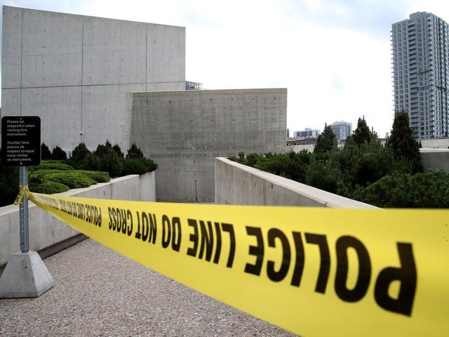 The National Holocaust Monument was vandalized with the words "feed me" in red paint.