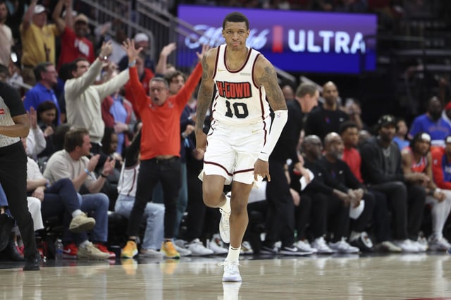 Houston Rockets forward Jabari Smith Jr. reacts during a game on March 17, 2025.