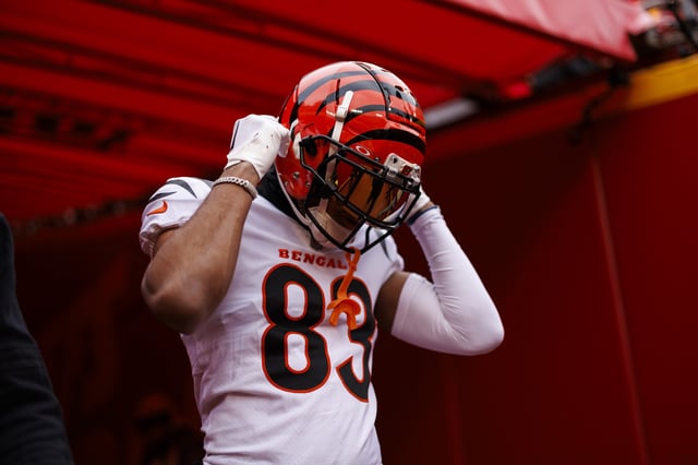 KANSAS CITY, MISSOURI - DECEMBER 31: Tyler Boyd #83 of the Cincinnati Bengals enters the field during pregame warmups before an NFL football game against the Kansas City Chiefs at GEHA Field at Arrowhead Stadium on December 31, 2023 in Kansas City, Missouri. Boyd signed with the Tennessee Titans in free agency.