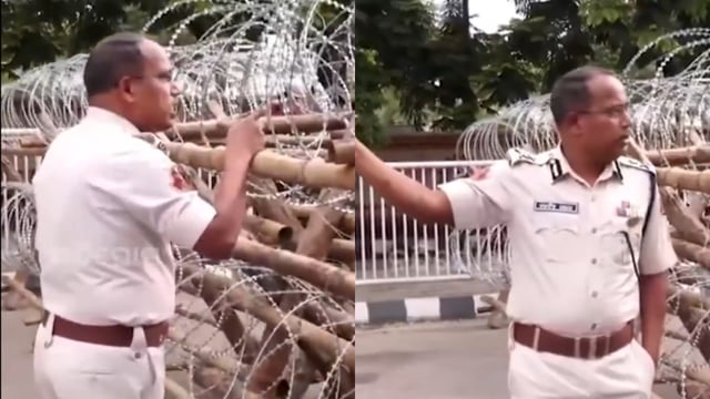 In the viral video, the cop can be heard asking police personnel to break the legs of protestors who came near the barbed barricade outside the CM's house.