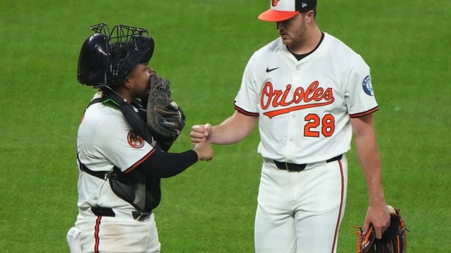 Jun 23, 2025; Baltimore, Maryland, USA; Baltimore Orioles pitcher Trevor Rogers (28) greeted by catcher Chandler Tromp (41) after pitching eight full innings against the Texas Rangers at Oriole Park at Camden Yards. Mandatory Credit: Mitch Stringer-Imagn Images