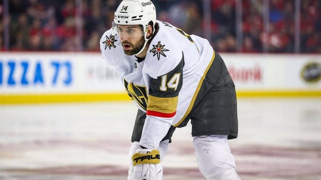 Apr 15, 2025; Calgary, Alberta, CAN; Vegas Golden Knights defenseman Nicolas Hague (14) against the Calgary Flames during the first period at Scotiabank Saddledome. Mandatory Credit: Sergei Belski-Imagn Images