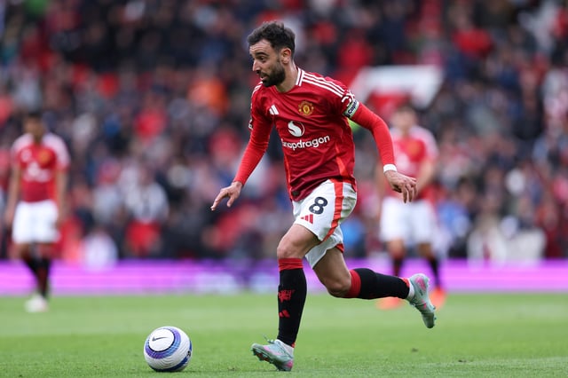 MANCHESTER, ENGLAND - MAY 25: Bruno Fernandes of Manchester United during the Premier League match between Manchester United FC and Aston Villa FC at Old Trafford on May 25, 2025 in Manchester, England. (Photo by Alex Livesey/Getty Images)