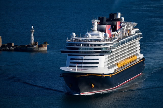 The Disney Dream cruise ship arrives in Portland Port in Dorset, on September 13, 2024 in Portland, United Kingdom. The Disney Dream cruise ship is operated by Disney Cruise Line and can carry up to 4000 passengers.