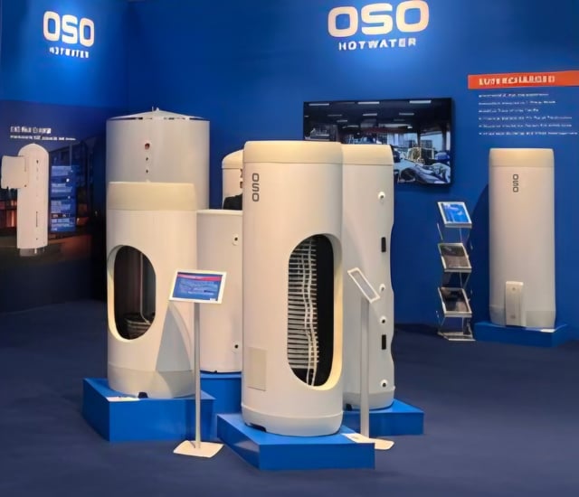 This undated file photo, provided by LG Electronics Inc., shows hot water storage solutions from Norwegian firm OSO Group AS on display at its booth during the ISH 2025 trade fair for sanitation, heating and air, held in Frankfurt from March 17 to 21, 2025. (PHOTO NOT FOR SALE) (Yonhap)