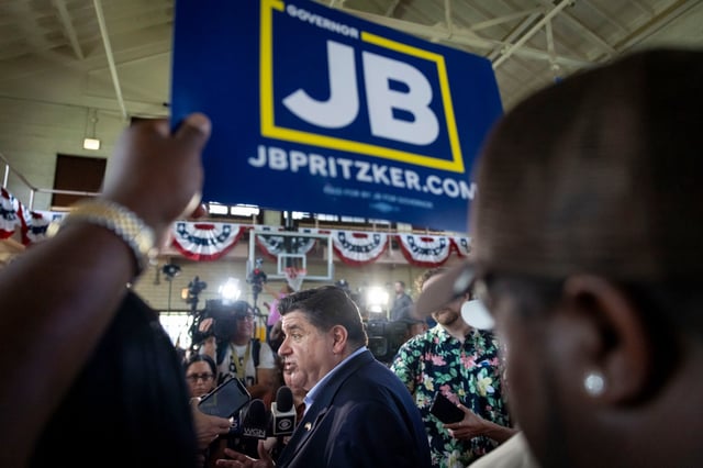 Gov. JB Pritzker speaks to reporters after announcing his candidacy for a third term on June 26, 2025, at the Grand Crossing Park Field House in Chicago. (Brian Cassella/Chicago Tribune)