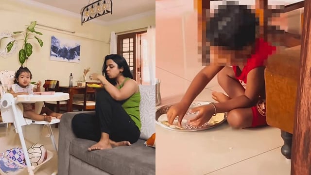 An influencer is sitting on a sofa with her baby in a high chair while the house help’s child is eating on the floor. | Image: Republic
