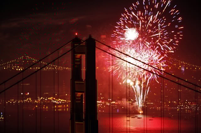 San Francisco&#39;s Fourth of July fireworks show is visible through the Golden Gate Bridge in San Francisco, California.