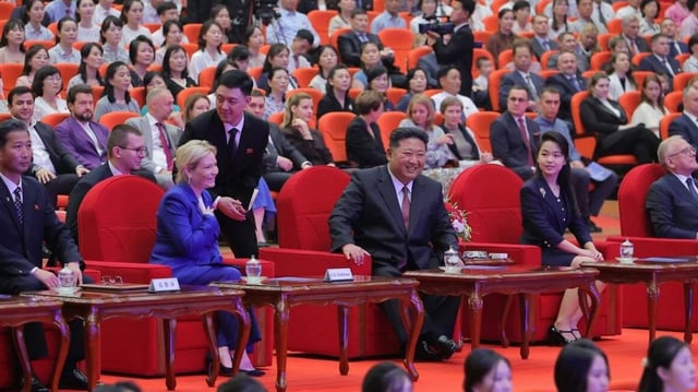 Russian Culture Minister Olga Lyubimova (2nd row 2-L) and North Korean leader Kim Jong Un (2nd row C) attend a performance in Pyongyang on Sunday. Lyubimova is visiting on the first anniversary of the signing of a North Korea-Russia comprehensive partnership treaty, state-run media reported Monday. Photo by KCNA/EPA-EFE