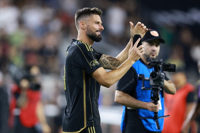 Jun 29, 2025; Los Angeles, California, USA;  LAFC forward Olivier Giroud (9) reacts to fans after a match against Vancouver Whitecaps FC at BMO Stadium. Mandatory Credit: Kiyoshi Mio-Imagn Images