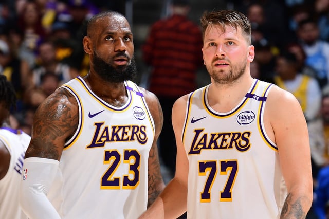 LeBron James and Luka Doncic of the Los Angeles Lakers during the game against the LA Clippers on March 2, 2025 at Crypto.Com Arena in Los Angeles, California.
