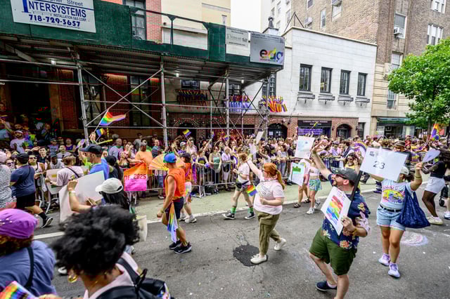 NEW YORK, NEW YORK - JUNE 29: Marchers in pride colorsoutside the Stonewall Inn during the 2025 New York City Pride March on June 29, 2025 in New York City. (Photo by Roy Rochlin/Getty Images)
