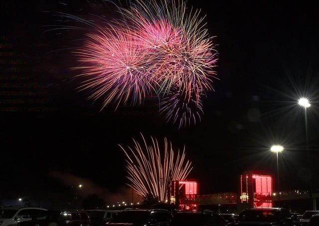 A fireworks display explodes in the sky of Ames, Iowa on Wednesday, July 3, 2024.