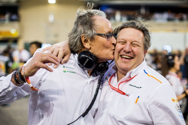Mansour Ojjeh of Mclaren and Saudi Arabia with Zak Brown CEO of Mclaren and USA during the F1 Grand Prix of Bahrain at Bahrain International Circuit on March 31, 2019 in Bahrain, Bahrain.