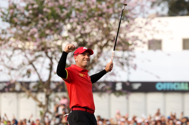 Sergio Garcia of Fireballs GC celebrates the champion after the match on day three of LIV Golf Hong Kong at The Hong Kong Golf Club on March 09, 2025 in Hong Kong, China.