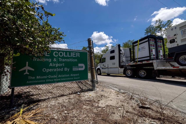 Heavy duty generators are driven into Dade Collier Training and Transition Airport off Tamiami Trail on Monday, June 24, 2025, in Ochopee, Florida. (D.A. Varela/Miami Herald/TNS)