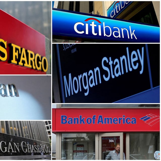 A combination file photo shows Wells Fargo, Citigbank, Morgan Stanley, JPMorgan Chase, Bank of America, JPMorgan, and Goldman Sachs from Reuters archive.