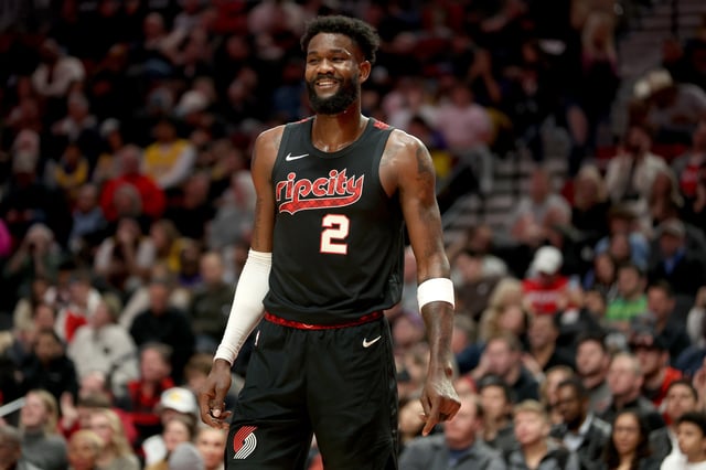 Deandre Ayton #2 of the Portland Trail Blazers reacts during the game against the Los Angeles Lakers at Moda Center on November 17, 2023 in Portland, Oregon.