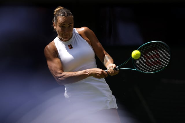 Tennis - Wimbledon - All England Lawn Tennis and Croquet Club, London, Britain - June 30, 2025 Belarus' Aryna Sabalenka in action during her first round match against Canada's Carson Branstine REUTERS/Andrew Couldridge