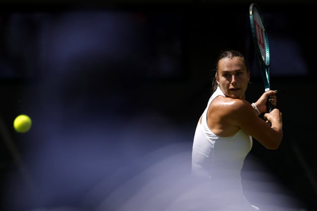 Tennis - Wimbledon - All England Lawn Tennis and Croquet Club, London, Britain - June 30, 2025 Belarus' Aryna Sabalenka in action during her first round match against Canada's Carson Branstine REUTERS/Andrew Couldridge