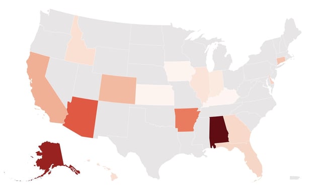 A map showing the 21 states where deaths outnumbered births in 2022, according to a new report by LendingTree.