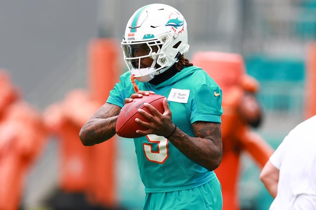Jalen Ramsey #5 of the Miami Dolphins takes part in a drill during training camp at Baptist Health Training Complex on July 26, 2023 in Miami Gardens, Florida.
