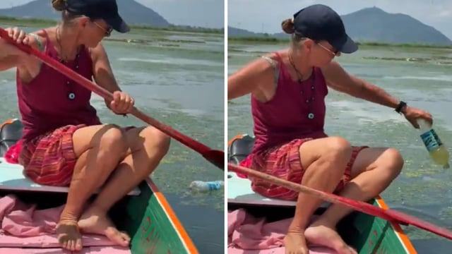 The clip shared on social media showed the foreigner slowly floating the boat and gathering plastic bags and used bottles from the lake.