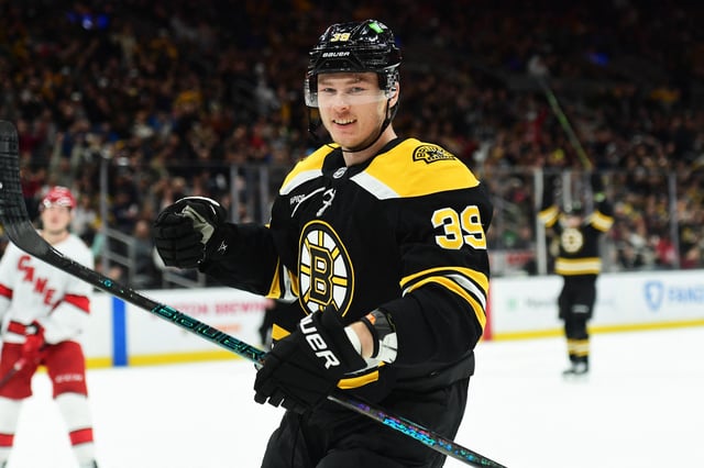 Apr 5, 2025; Boston, Massachusetts, USA; Boston Bruins center Morgan Geekie (39) reacts after scoring a goal during the first period against the Carolina Hurricanes at TD Garden. Mandatory Credit: Bob DeChiara-Imagn Images/File Photo