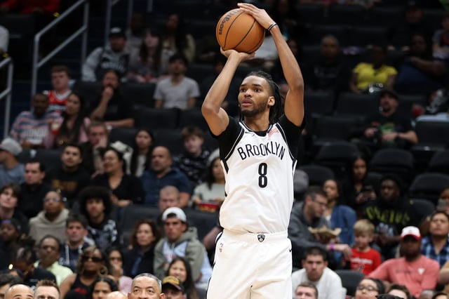 Mar 29, 2025; Washington, District of Columbia, USA; Brooklyn Nets forward Ziaire Williams (8) takes a shot during the first half against the Washington Wizards at Capital One Arena. Mandatory Credit: Daniel Kucin Jr.-Imagn Images/File Photo