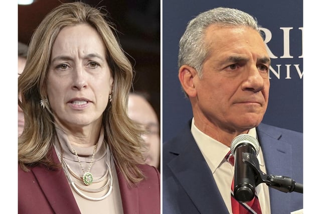 In this photo combo Rep. Mikie Sherrill, D-N.J., left, speaking during a news conference, Feb. 13, 2024, in Washington and former Assemblyman Jack Ciattarelli speaking, Feb. 4, 2025, at Rider University in Lawrenceville, N.J.