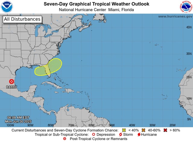 A map from the National Hurricane Center shows the possible area of development for a new tropical storm this weekend.