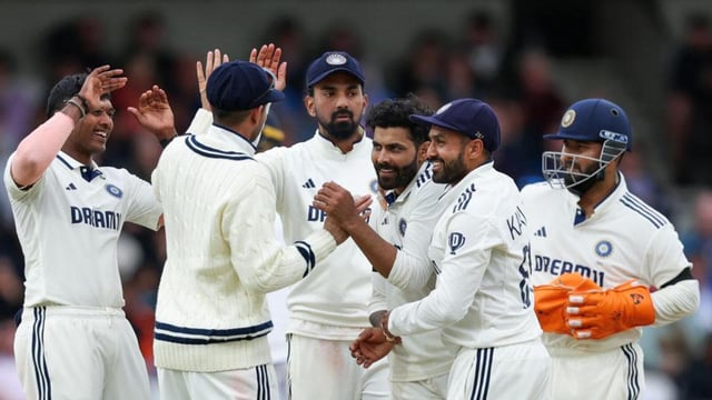 Leeds [England], Jun 24 (ANI): India's Ravindra Jadeja and teammates celebrate the wicket of England's Ben Stokes during day 5 of the 1st test match, at Headingley Cricket Ground in Leeds on Tuesday. (@BCCI X/ANI Photo) (@BCCI X)